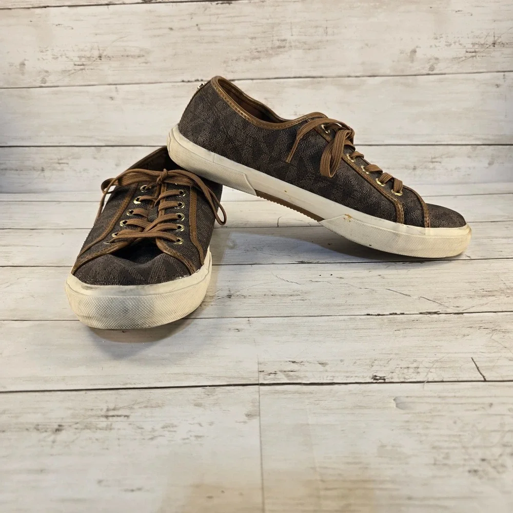 Michael Kors Brown Signature Logo Print Low Top Sneakers Shoes Womens Size‎ 8